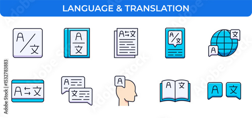 Language & Translation Vector Icon Set - Translate, Dictionary, Book, Document, Chat Bubble, Globe, Head, Communication, Global Icons - Editable Line Weight