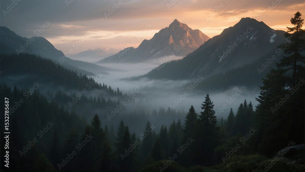 Obraz premium Misty mountain valley sunrise landscape photography