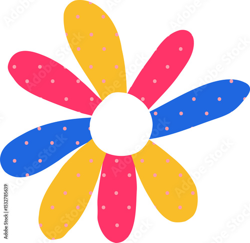 Fototapeta Naklejka Na Ścianę i Meble -  Flat flower with white center is showing pink, yellow, blue dotted petals on transparent background