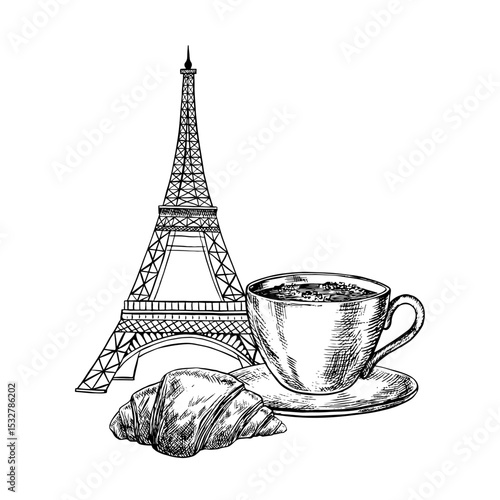 A cup of coffee and a French croissant bun on the background of the Eiffel Tower. Vector black-and-white hand-drawn illustration. On a white background. For packaging, labels, banners, flyers, menus.