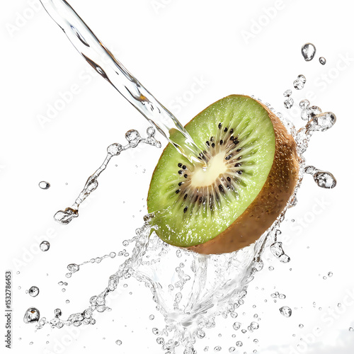 Kiwi Refresh: A refreshing burst of water cascades over a halved kiwi fruit, creating a vibrant splash that highlights the fruit's fresh, juicy interior. Capturing the essence of refreshment.