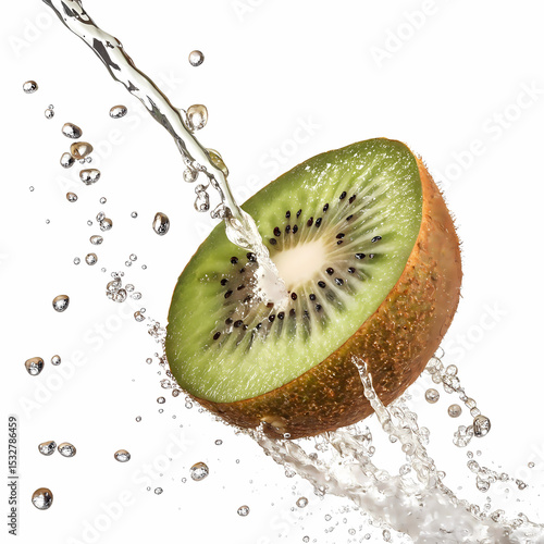 Kiwi Splash: A slice of vibrant kiwi fruit is showcased in a burst of refreshing water, capturing the essence of freshness and natural juiciness.
