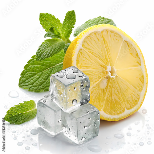 Refreshing Lemon and Mint: Cubes of ice, a juicy lemon slice, and fresh mint leaves create a cool and refreshing image, perfect for summer drinks or healthy recipes.