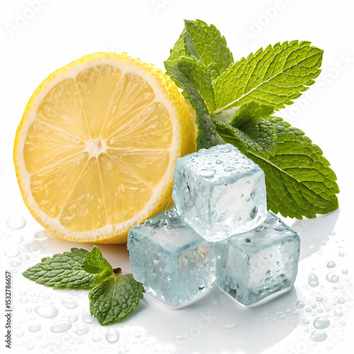 Lemon, Mint, and Ice: A close-up shot of a refreshing concoction featuring a vibrant lemon, fragrant mint leaves, and crystalline ice cubes, perfect for a hot day.