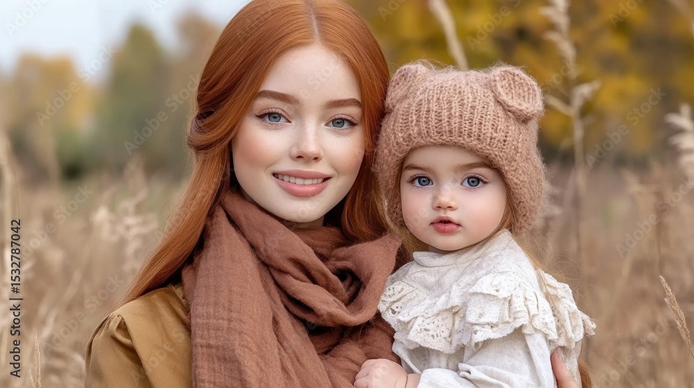 Obraz premium Autumn portrait of mother and child in warm knitwear amidst golden foliage