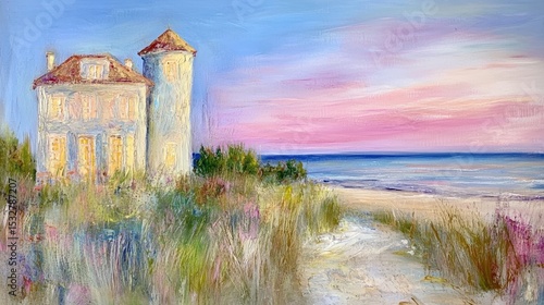 Wallpaper Mural Serene coastal landscape with seaside cottage at sunset Torontodigital.ca