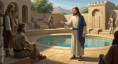 Jesus Christ, Yesus, Yesus Kristus A Depiction of Jesus Teaching Disciples by the Pool –  Biblical Scene of Faith and Divine Instruction