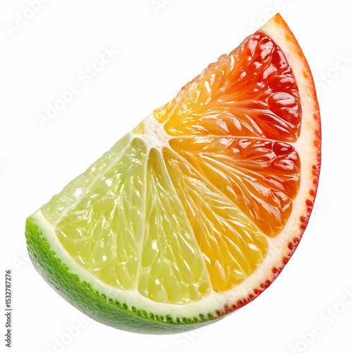 Vibrant Citrus Slice: A photorealistic slice of vibrant citrus fruit displays a beautiful gradient of colors.  It is fresh, appetizing, and inviting.