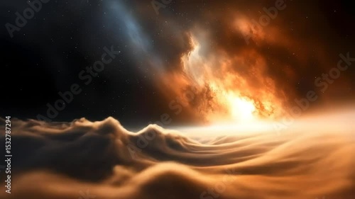 A breathtaking cosmic vista, showcasing swirling, fiery clouds of nebulae, intermingled with cosmic dust and starlight.  Vast expanse of space filled with vibrant colors and ethereal clouds