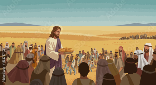 Miraculous Feeding Jesus Christ, Jesus, Yesus, Yesus Kristus and the Multiplication of Loaves and Fishes; A Depiction of Divine Provision and Compassion