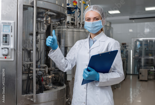 A female scientist wearing a lab coat and gloves stands in a modern laboratory, smiling and giving a thumbs up, demonstrating success in her work
