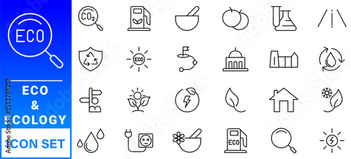 Ecology icon set. Environment, sustainability, nature, recycle, renewable energy; electric bike, eco-friendly, forest, wind power, green symbol. Solid icons vector collection