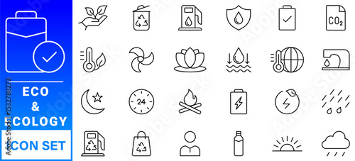 Ecology icon set. Environment, sustainability, nature, recycle, renewable energy; electric bike, eco-friendly, forest, wind power, green symbol. Solid icons vector collection
