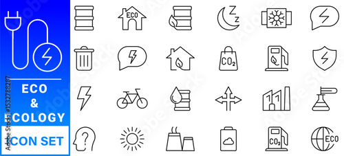 Ecology icon set. Environment, sustainability, nature, recycle, renewable energy; electric bike, eco-friendly, forest, wind power, green symbol. Solid icons vector collection