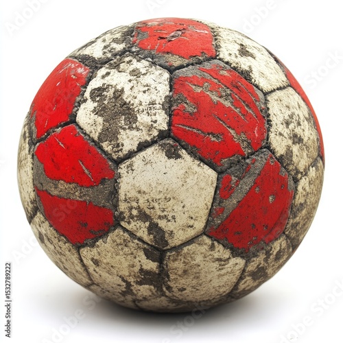 Well-worn soccer ball, red and white panels, heavily soiled with mud and showing significant wear and tear