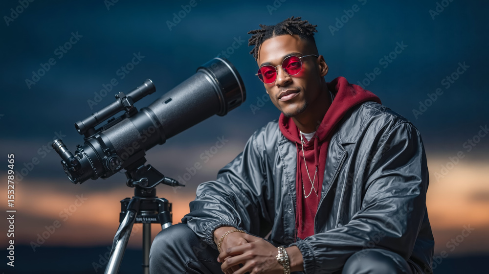 A man sitting on a tripod looking through a telescope A man sitting on a tripod looking through a telescope