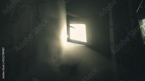 Bathroom shower scene with sunlight streaming through small window creating horror mystery moody atmosphere