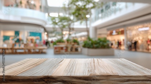 Wallpaper Mural Blurred Background of Shopping Center with Wooden Surface in Foreground Torontodigital.ca