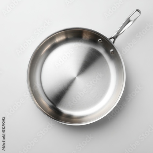 A gleaming stainless steel frying pan with a long, slender handle and riveted handle attachment sits on a plain white background