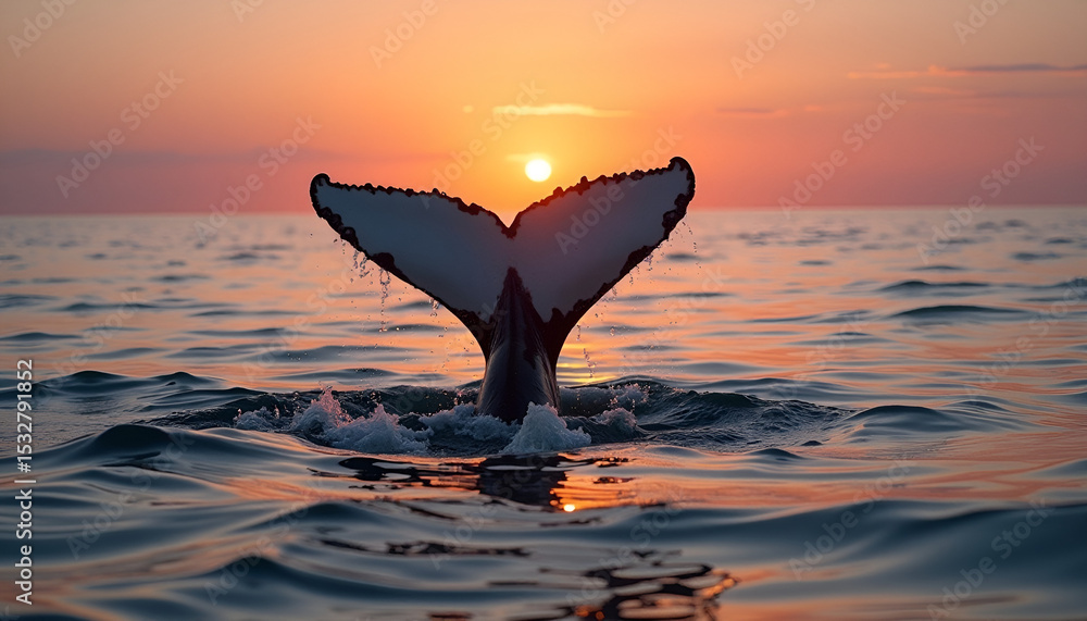 Fototapeta premium Majestic whale tail emerges from ocean waters during golden sunset with tranquil, serene feeling.
