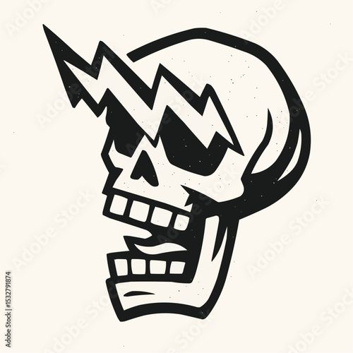 Silhouette of crazy skull with glowing eyes in form of lightning. Skull rocker screaming, horrified, scared