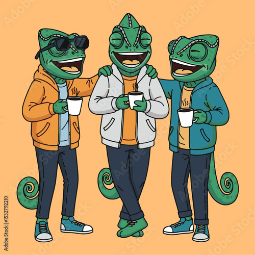 Three chameleon characters enjoying a fun hangout in vibrant colors