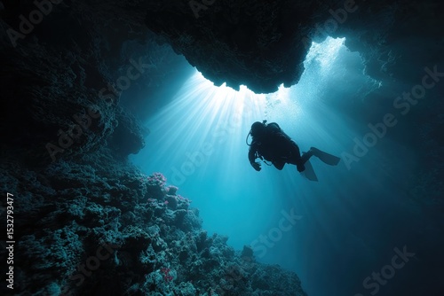 Scuba diver exploring underwater cave illuminated by sunlight beams in tranquil ocean waters