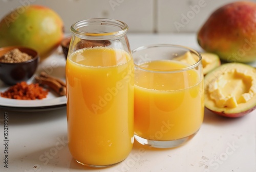 Wallpaper Mural Two glasses filled with vibrant orange juice sit on a kitchen counter, surrounded by fresh mangoes and spices like cinnamon and ginger  Torontodigital.ca