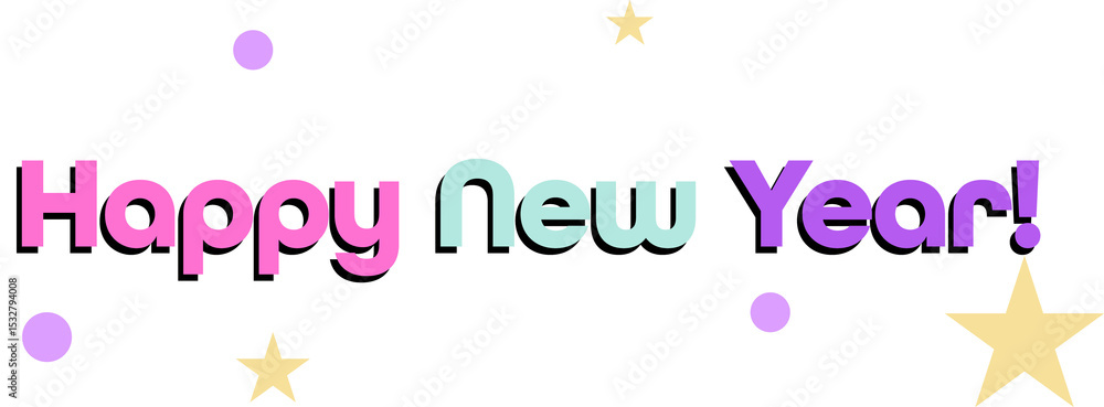 Naklejka premium Happy New Year is floating in flat design on transparent backdrop with pastel stars, lavender dots