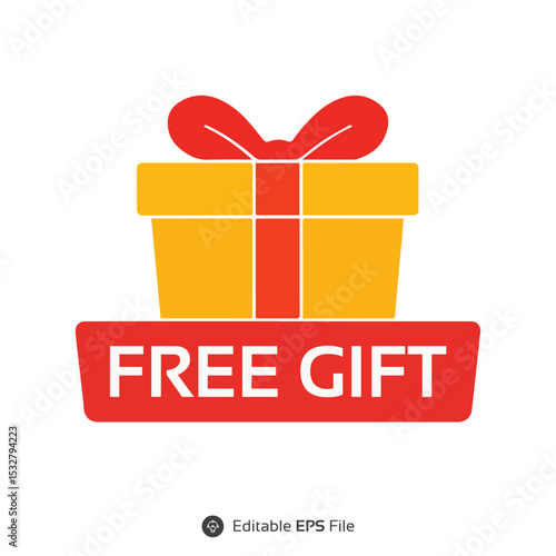 Bright and colorful vector graphic of a yellow gift box with a red ribbon and bow, accompanied by a red banner with the text "FREE GIFT." Ideal for promotional materials and advertisements.