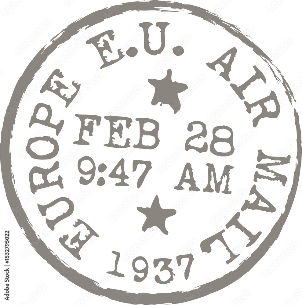 Naklejka premium Flat vintage airmail stamp is featuring worn edges, weathered stars, date on transparent background