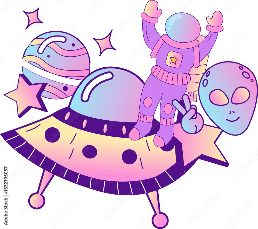 Naklejka premium Flat space art is floating on transparent background with UFO, astronaut and alien head, copy space