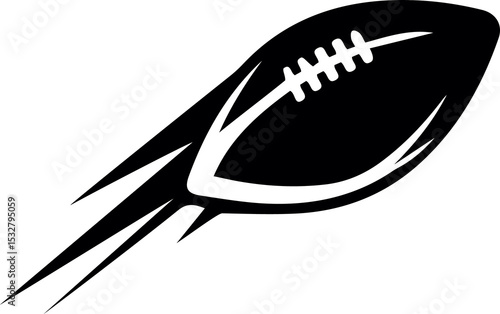 Flat silhouette of American football is flying with angled motion lines on transparent background