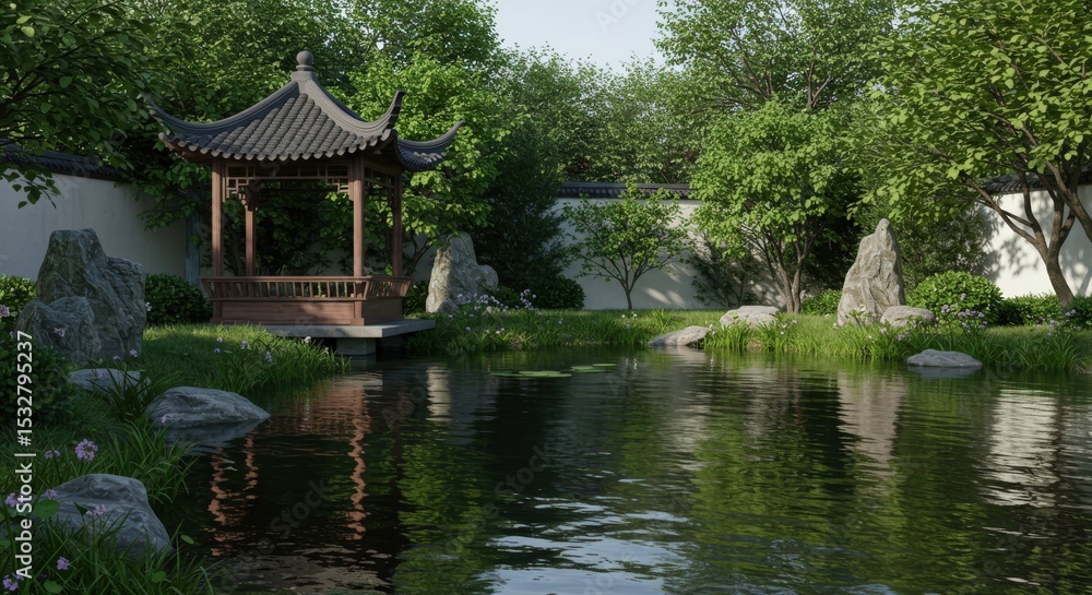 Zen Garden Reflection: A tranquil scene of a traditional gazebo, nestled beside a serene pond in a meticulously landscaped garden, embodies peace and natural beauty. Zen Garden Reflection: A tranquil scene of a traditional gazebo, nestled beside a serene pond in a meticulously landscaped garden, embodies peace and natural beauty.