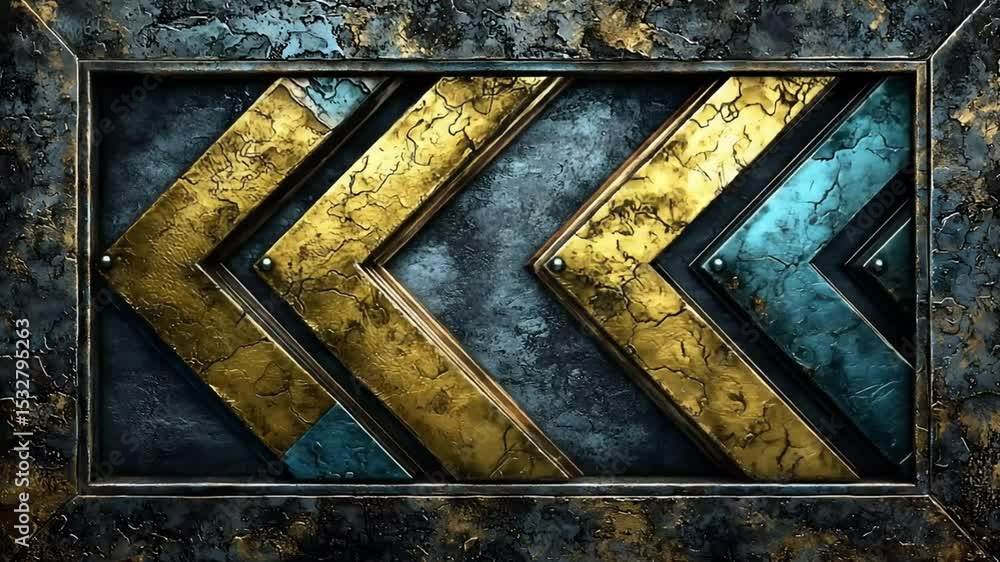 Ornate metal panel with gold and teal accents. Complex geometric shapes arranged on a distressed dark gray and blue background. Embedded rivets add to the industrial aesthetic Ornate metal panel with gold and teal accents. Complex geometric shapes arranged on a distressed dark gray and blue background. Embedded rivets add to the industrial aesthetic