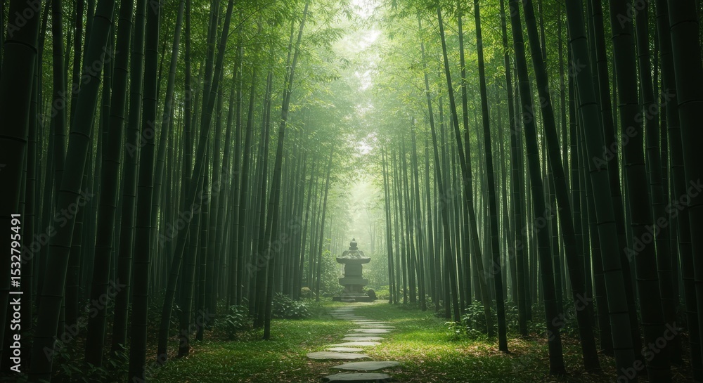 Naklejka premium Bamboo Forest Path: Serene path winding through a dense bamboo forest, guiding the eye towards a distant, meditative figure. The scene is bathed in ethereal light, creating a tranquil.