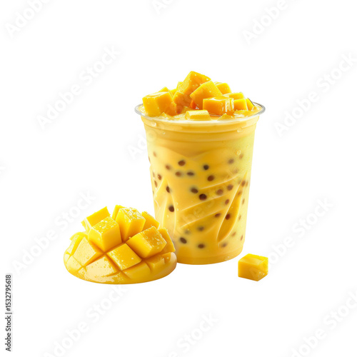Refreshing Mango Bubble Tea with Cubes of Fresh Mango
