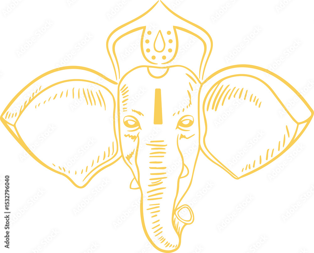 Obraz premium Stylized elephant head appearing in yellow line art with ornamental motif, transparent background
