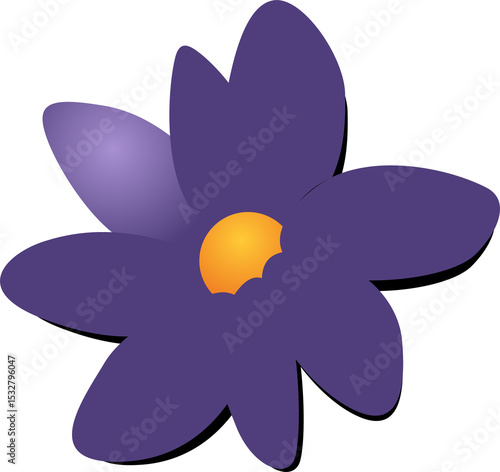 Fototapeta Naklejka Na Ścianę i Meble -  Flat purple flower is floating on transparent bg with six petals and yellow-orange notched center