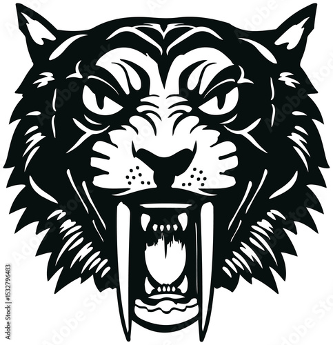 Fototapeta Naklejka Na Ścianę i Meble -  Stylized saber-toothed cat head is snarling in monochrome vector art on transparent background