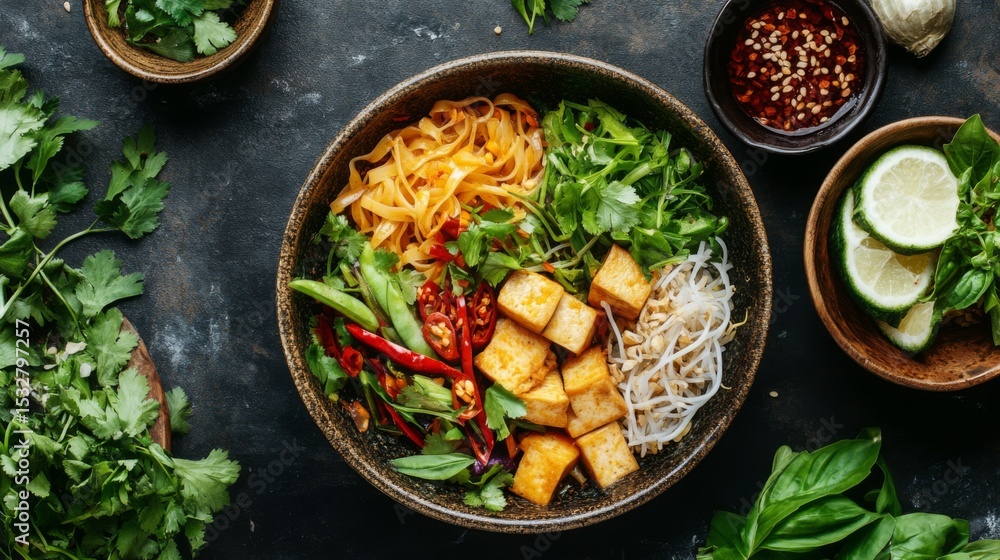An overhead view of a traditional Thai noodle dish with mixed vegetables, tofu, and a savory sauce, served with a side of fresh herbs and sliced chilies. An overhead view of a traditional Thai noodle dish with mixed vegetables, tofu, and a savory sauce, served with a side of fresh herbs and sliced chilies.