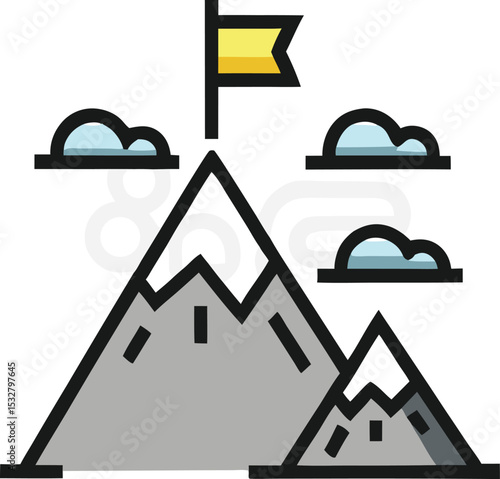Mountain with flag on top (goal achievement)
 Minimal icon of a mountain with a yellow flag on its peak, symbolizing reaching goals, flat vector style with blue and gray tones.