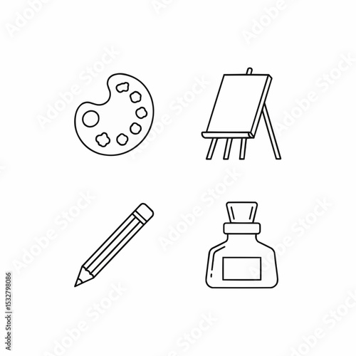 Outline Icons of Art Supplies Including Palette Easel Pencil and Ink Bottle