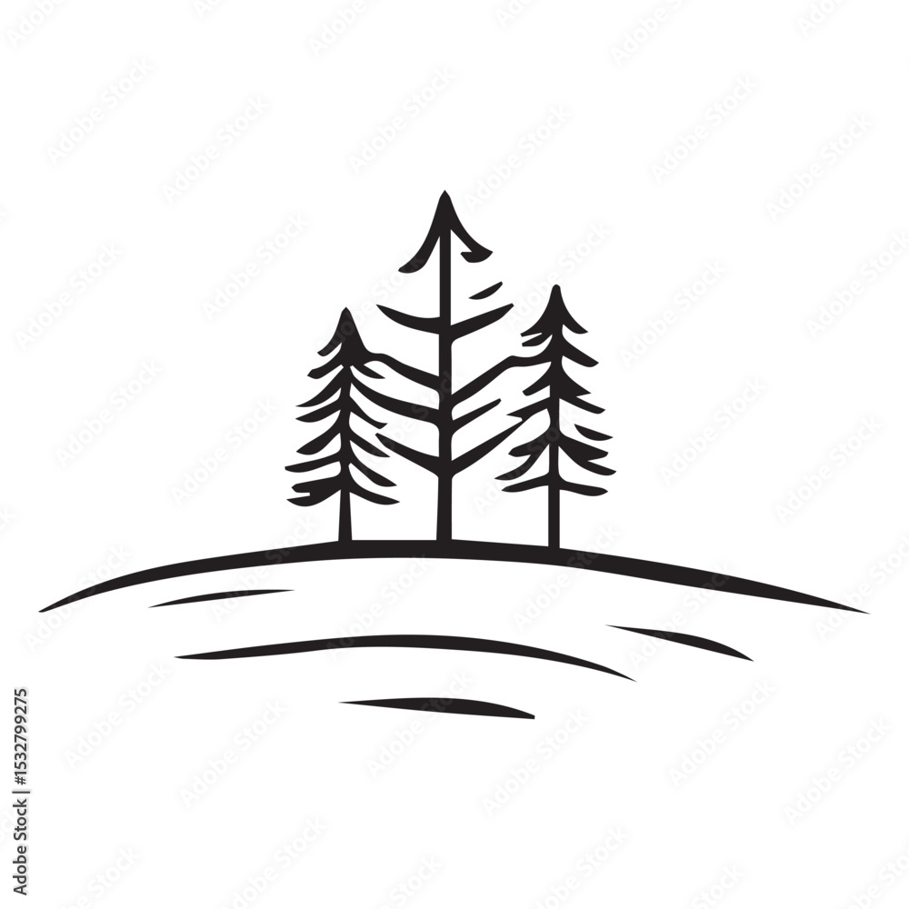 Obraz premium Hand drawn illustration of three pine trees on a hill