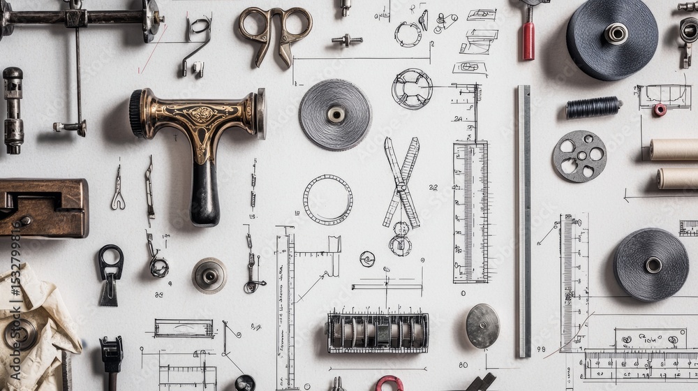 Obraz premium Collection of vintage tools and design elements on a white background showcasing craftsmanship and creativity