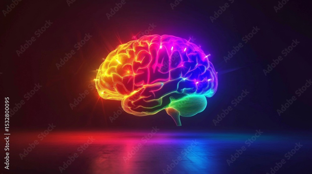 Obraz premium A captivating image of a brain illuminated by colorful lights, creating a dynamic effect that symbolizes creativity, innovation, and cognitive function.