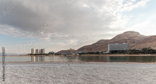 View from sea of ​​hotels on Israeli shore of Dead Sea in Ein Bokek in southern Israel