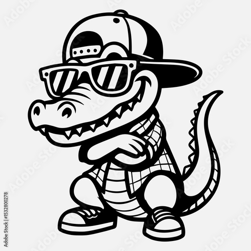 Cool Alligator A cartoon alligator wearing sunglasses and a cap, exuding coolness and charm, capturing a fun and lighthearted spirit.