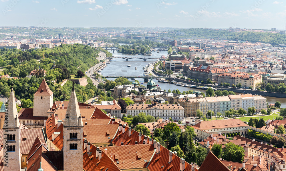 Fototapeta premium View of Vltava and the Old Town from bell tower of St Vitus Cathedral in Prague in Czech Republic