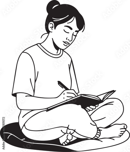 A vector illustration in bold outlines, isolated on a white background, depicting a person journaling for mindfulness as part of somatic practices.